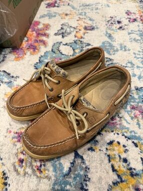 Sperry Women's Tan Leather Boat Shoes with Leopard Sequin Detail